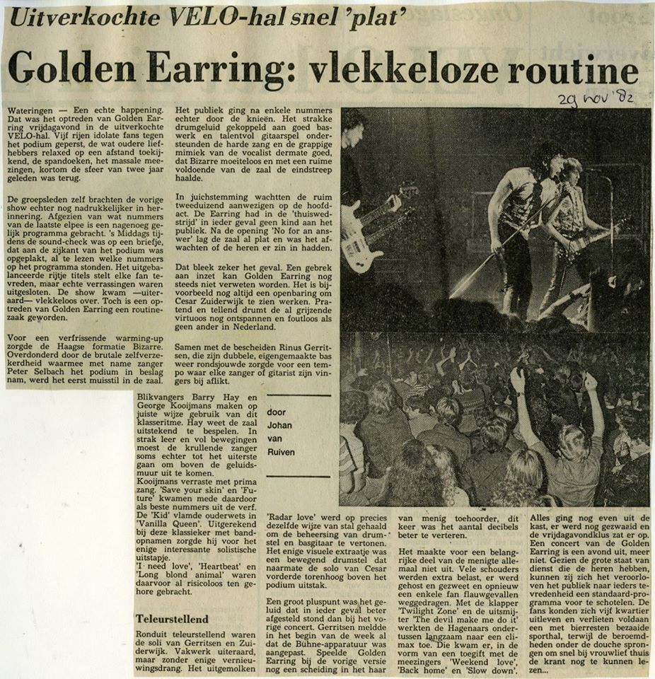 Golden Earring November 26, 1982 Wateringen - Velohal newspaper show review